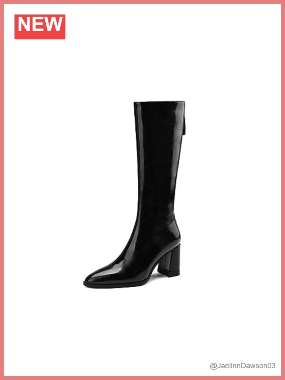 Genuine Leather Pointed Toe Chunky Heel Knee High Boots Handmade Back Zip